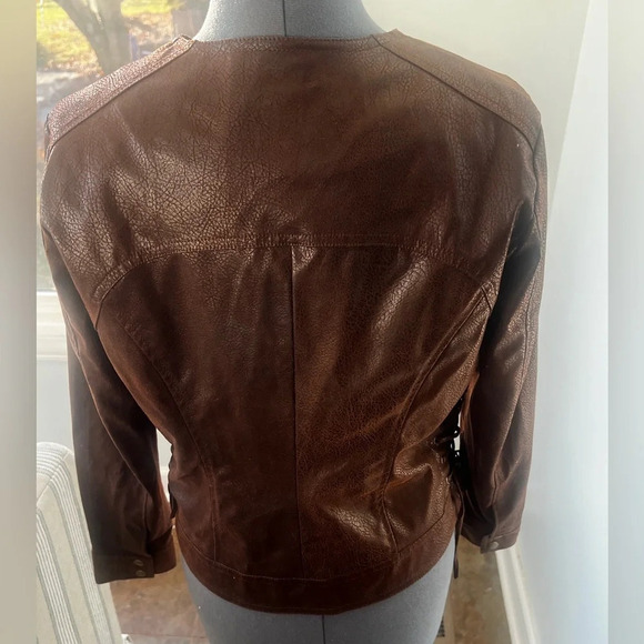 M By Marc Bouwer Sz M Brown Faux Leather Jacket Coat Side Lace up Leopard lining - Picture 9 of 16